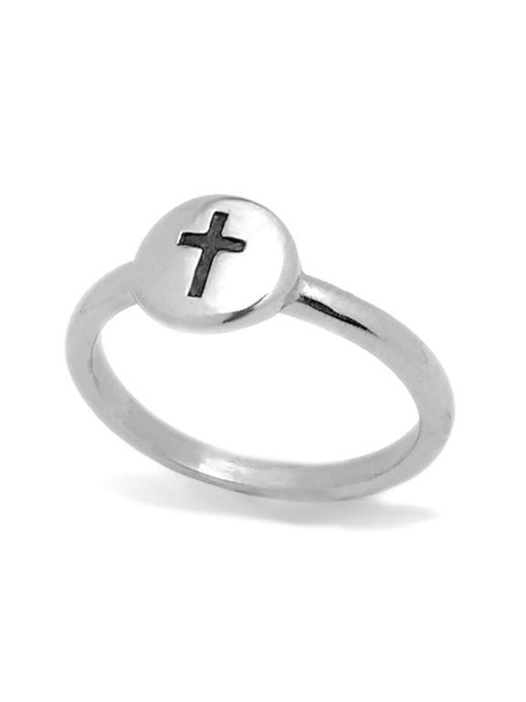 Womens Cross Ring Stainless Steel Silver Engraved Christian Ring Disc Stackable Waterproof Size 5
