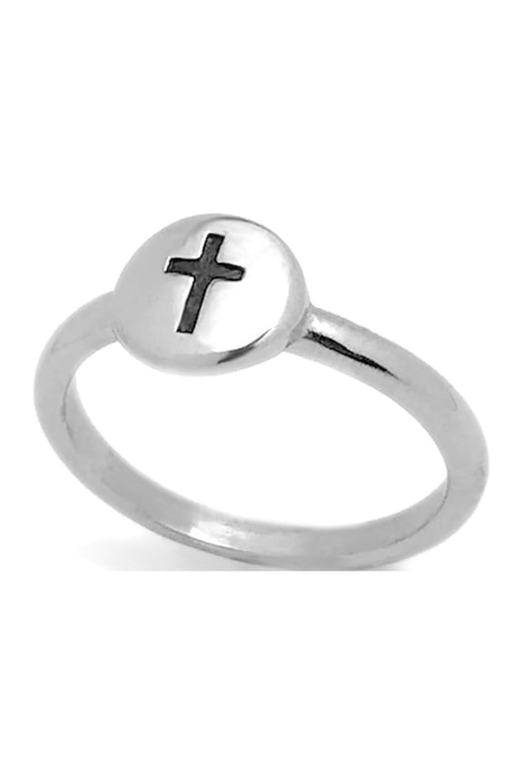 Womens Cross Ring Stainless Steel Silver Engraved Christian Ring Disc Stackable Waterproof Size 6