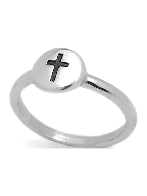 Womens Cross Ring Stainless Steel Silver Engraved Christian Ring Disc Stackable Waterproof Size 8