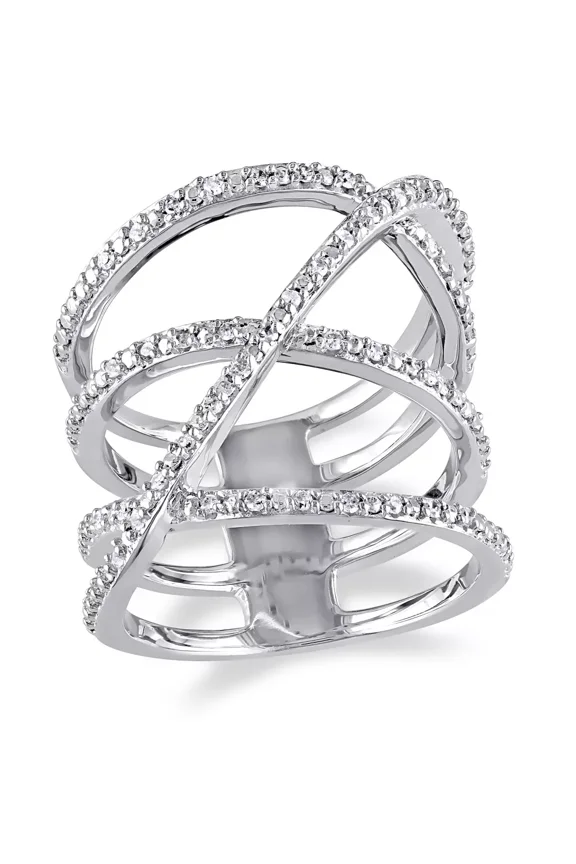 Womens Crossover Diamond Ring, Pave Set Diamond Engagement Ring, Long Ring, 14K White Gold Plated, 1.7 Ct Simulated Diamond