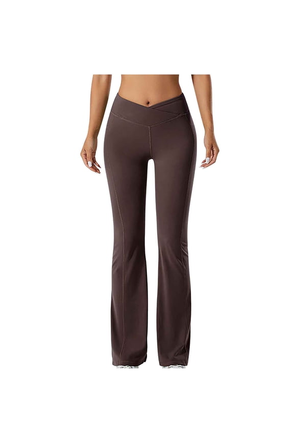 Womens Crossover Flare Pants with Side Pockets High Rise Bell Bottom Pants Stretchy V Cross Waist Causal Bootcut Flared Pants Gym Pants Full Length Pants, X-Large
