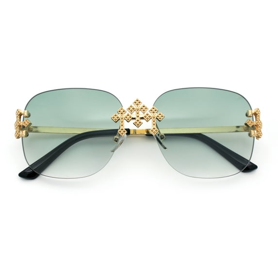 Womens Crucifix Cross Bling Rimless Rectangular Metal Frame Sunglasses Gold - Green