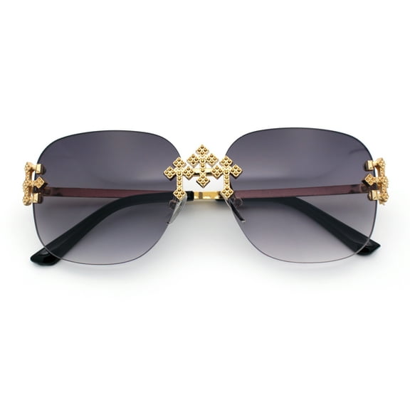 Womens Crucifix Cross Bling Rimless Rectangular Metal Frame Sunglasses Gold - Smoke