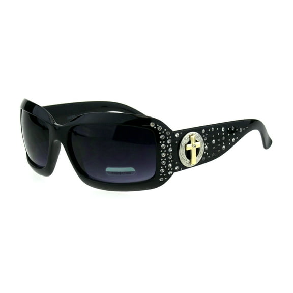 Womens Crucifix Jewel Iced Out Rhinestone Rectangular Butterfly Sunglasses Black Smoke