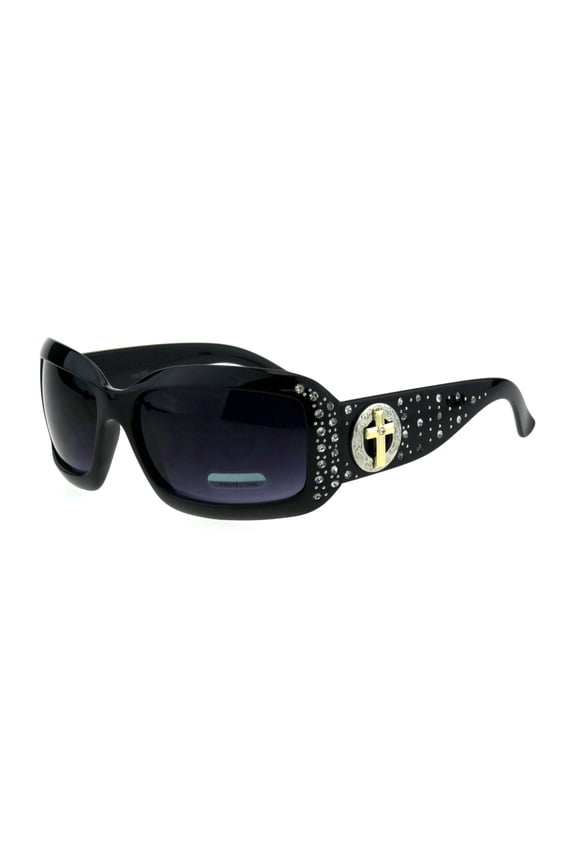Womens Crucifix Jewel Iced Out Rhinestone Rectangular Butterfly Sunglasses Black Smoke