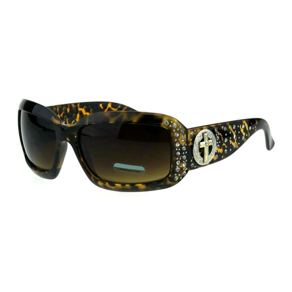Womens Crucifix Jewel Iced Out Rhinestone Rectangular Butterfly Sunglasses Tortoise Brown