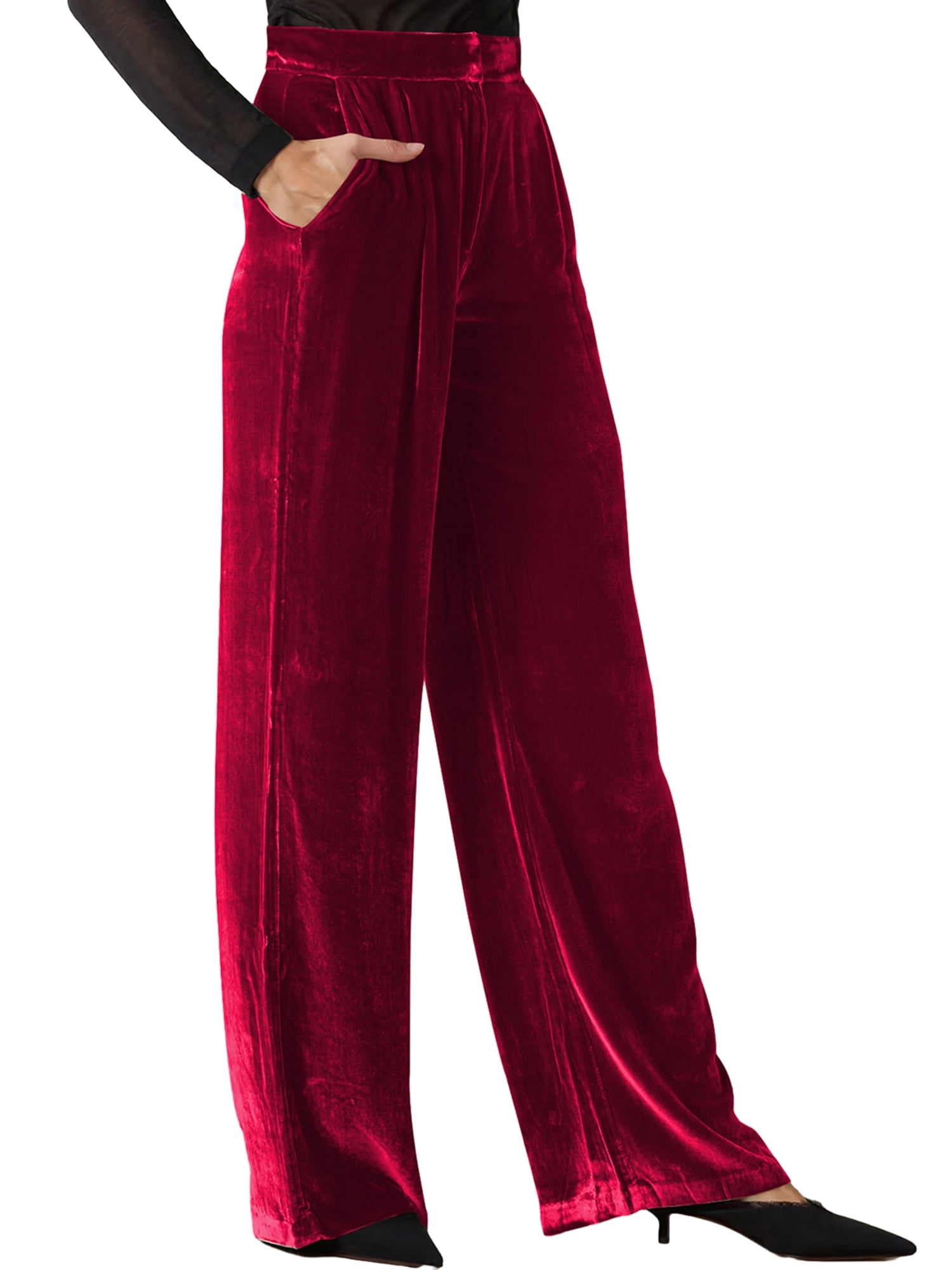 Womens Crushed Velvet High Waisted Stretch Wide Leg Palazzo Pants
