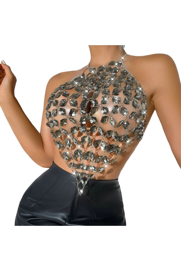 Womens Crystal Bra Body Chain Top Trendy Rhinestones Halter Crop Tops Summer Beach Bikini Chest Chains Body Jewelry