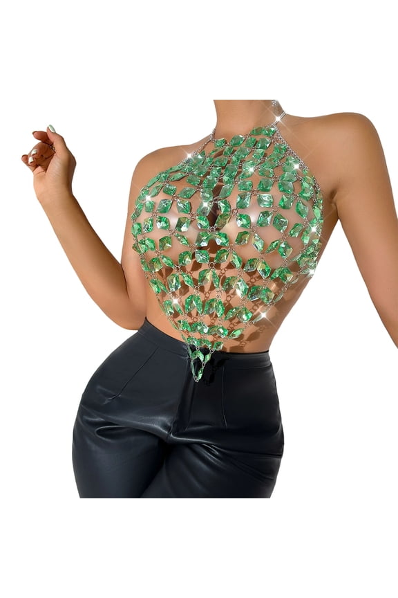 Womens Crystal Bra Body Chain Top Trendy Rhinestones Halter Crop Tops Summer Beach Bikini Chest Chains Body Jewelry