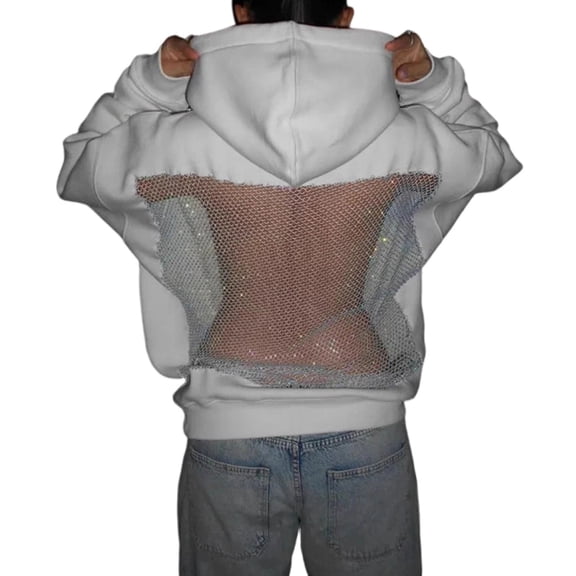 Womens Crystal Mesh Back Hoodie Oversized Sweatshirts Casual Long Sleeve Pullover Sweater Winter Fall Outfits Gift