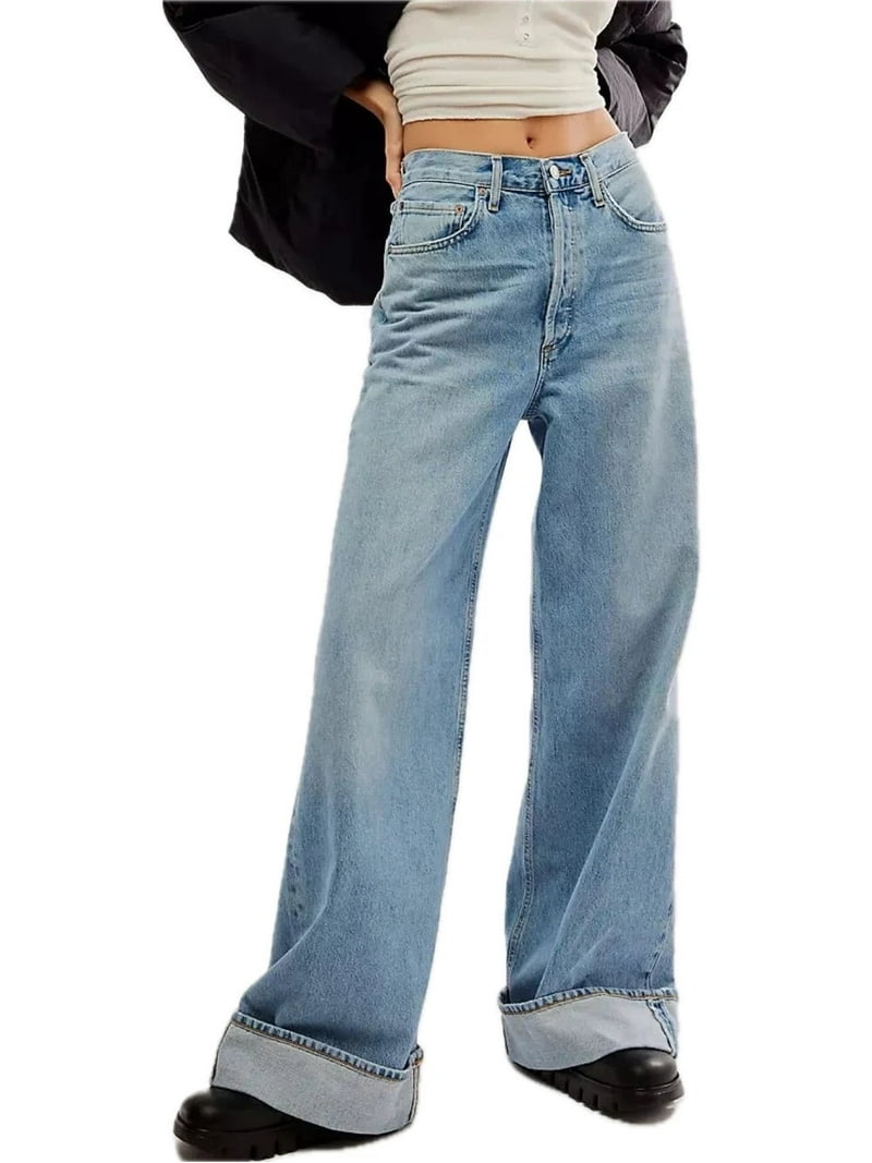 Womens Cuffed Jeans High Waisted Straight Leg With Pockets Durable