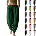 thumbnail image 1 of Womens Cuffed Pants Solid Color Pleated Elastic Waist Cotton Linen Jogger Pants with Pockets Skin Friendly Soft Joggers for Loungewear, 1 of 6
