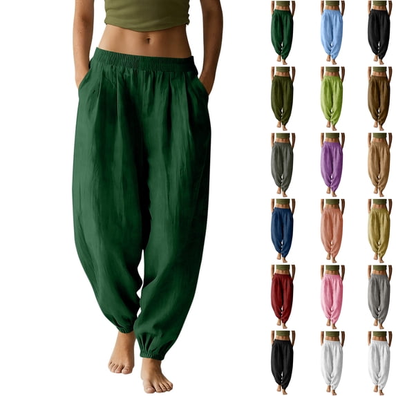 Womens Cuffed Pants Solid Color Pleated Elastic Waist Cotton Linen Jogger Pants with Pockets Skin Friendly Soft Joggers for Loungewear