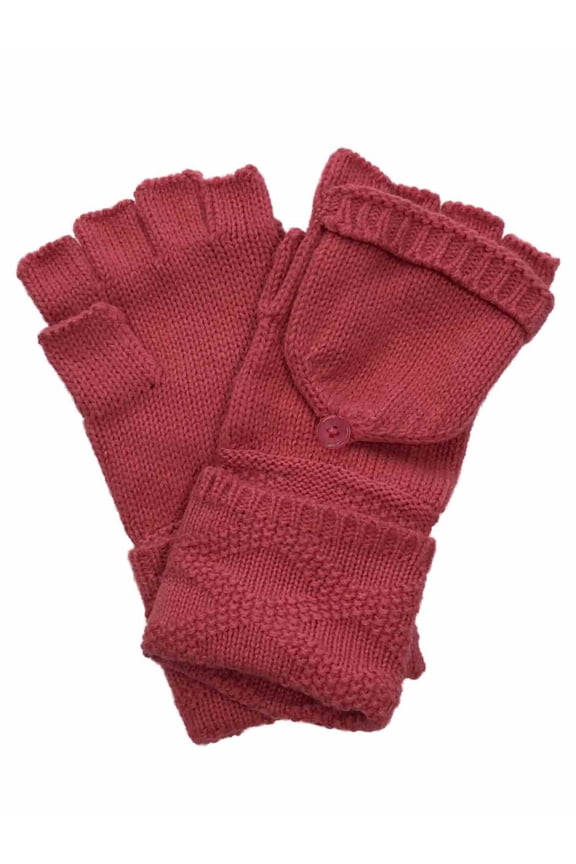 Womens Cuffed Pink Cable Knit Fingerless Flip Top Convertible Gloves