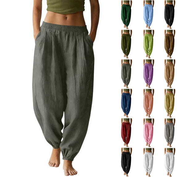 Womens Cuffed Trousers Solid Color Pleated Elastic Waist Cotton Linen Jogger Pants with Pockets Cozy Comfy for Daily Commute