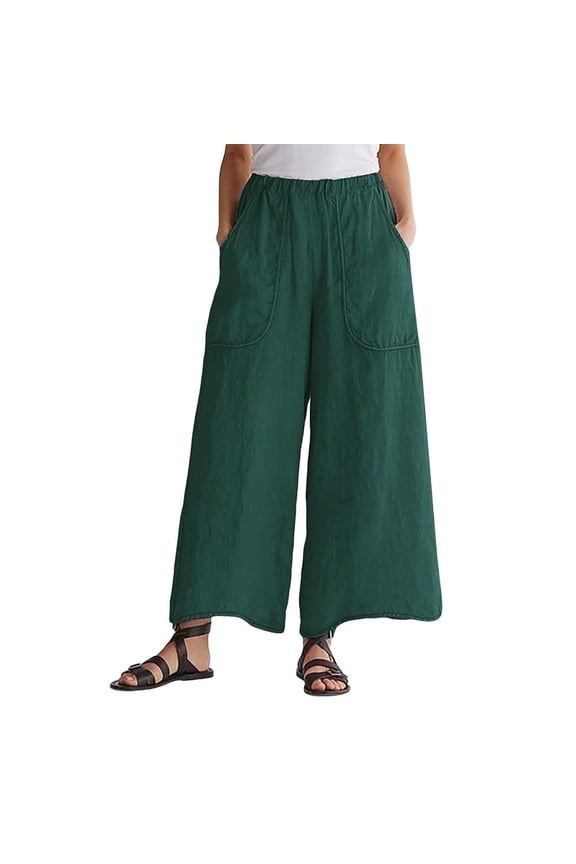 Womens Culottes Linen Blend Wide Leg Pants Casual Palazzo Elastic Waist with Pockets