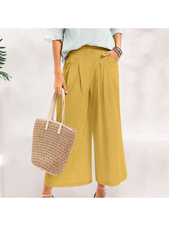 Womens Culottes Linen Wide Leg Palazzo Pants Elastic Waist Capri Trousers With Pockets Pant Jumpsuits for Women Casual Womens Cropped Pants Casual Petite Womens Pants Rompers for Summer Casual Womens