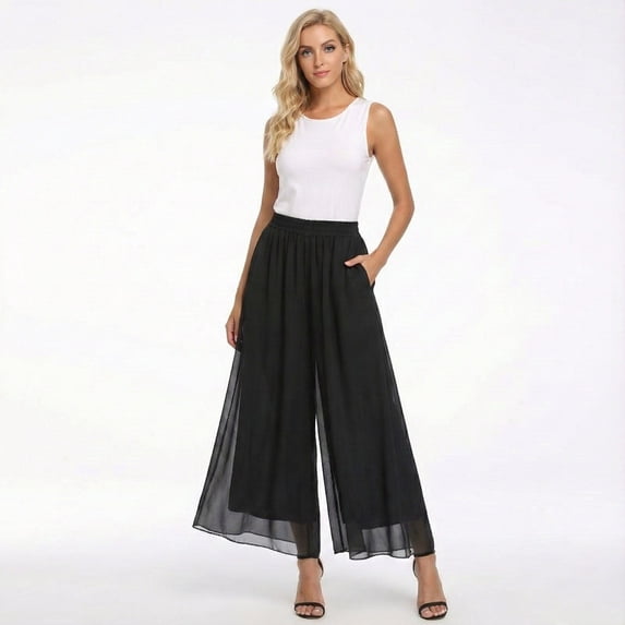 Womens Culottes Pants High Waist Solid Satin Chiffon Palazzo Pants Wide Leg Ankle Lightweight Soft Trousers