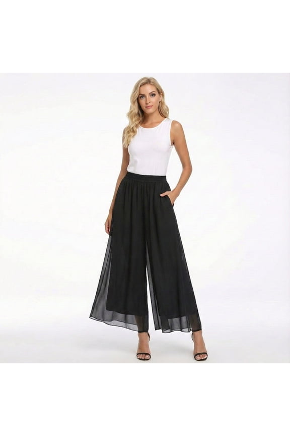 Womens Culottes Pants High Waist Solid Satin Chiffon Palazzo Pants Wide Leg Ankle Lightweight Soft Trousers