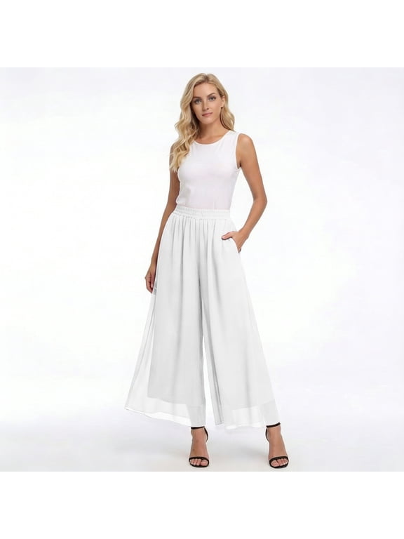 Womens Culottes Pants High Waist Solid Satin Chiffon Palazzo Pants Wide Leg Ankle Lightweight Soft Trousers