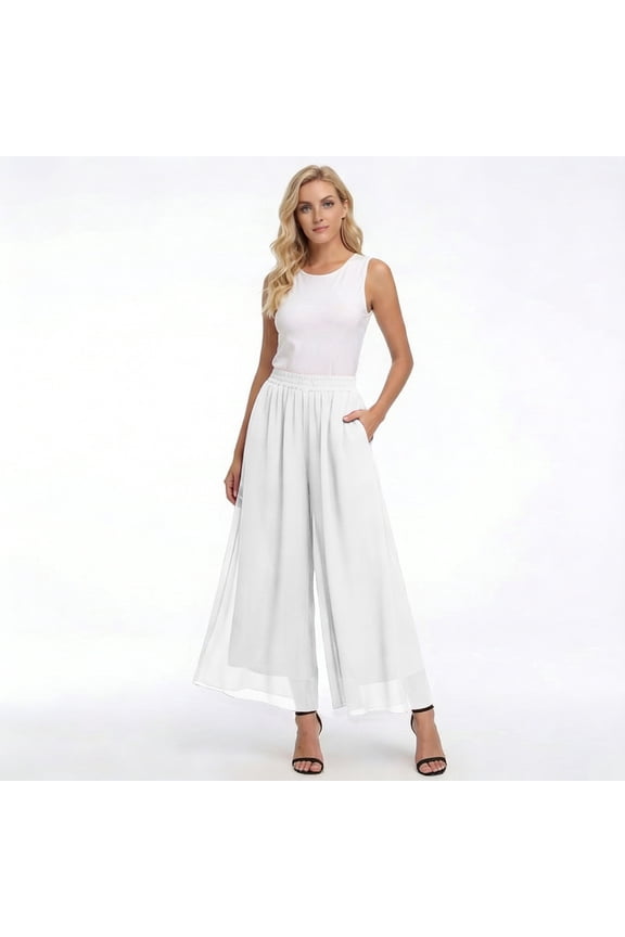 Womens Culottes Pants High Waist Solid Satin Chiffon Palazzo Pants Wide Leg Ankle Lightweight Soft Trousers