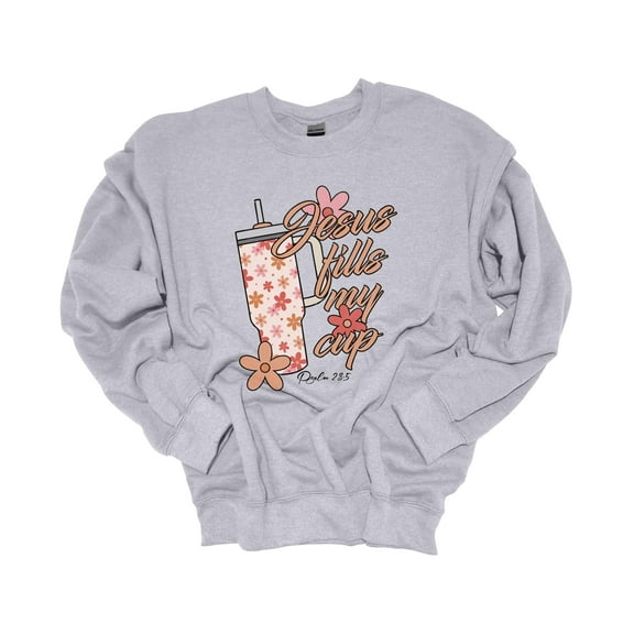 Womens Cup Sweatshirt Funny Jesus Fills My Cup Printed Tumbler Crewneck Sweatshirt-Sports Grey-xxl