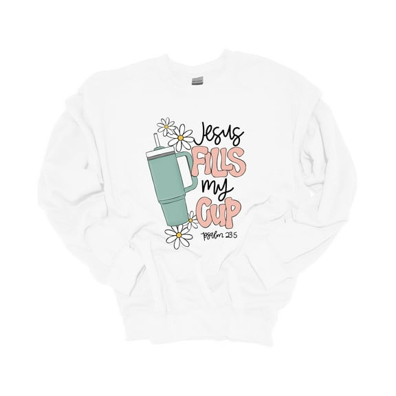 Womens Cup Sweatshirt Funny Jesus Fills My Cup Solid Tumbler Crewneck Sweatshirt-White-small