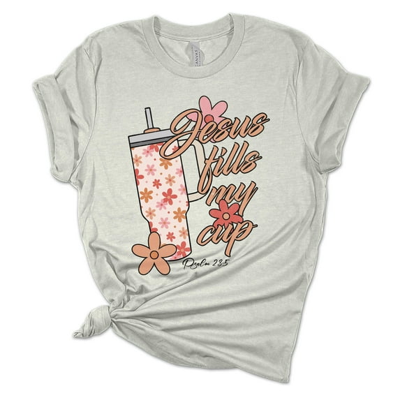 Womens Cup Tshirt Funny Jesus Fills My Cup Printed Tumbler Short Sleeve T-shirt-Athletic Heather-medium