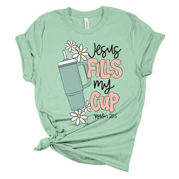 Womens Cup Tshirt Funny Jesus Fills My Cup Solid Tumbler Short Sleeve T-shirt-Mint-medium