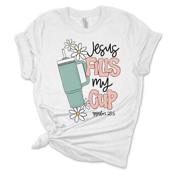 Womens Cup Tshirt Funny Jesus Fills My Cup Solid Tumbler Short Sleeve T-shirt-White-large