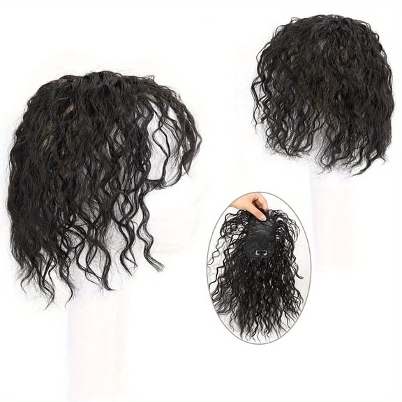 Womens Curly Fluffy Hair Topper for Top of Head Seamless Clip In Top Wiglet for Thinning Hair Black 1 Piece-