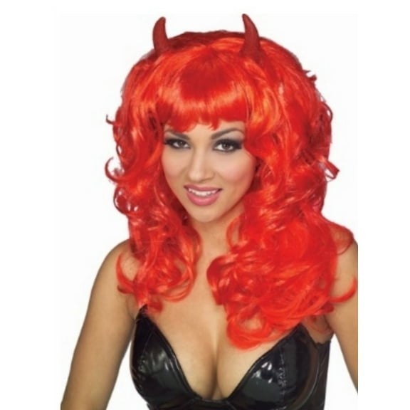 Womens Curly Red Devil Wig with Horns Long Wavy Hair