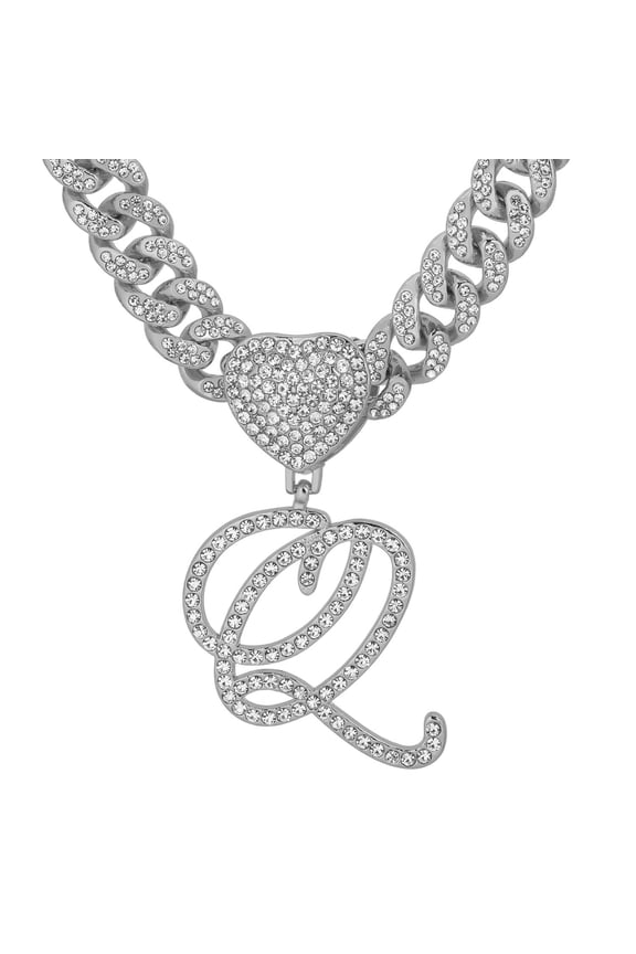 Womens Cursive Silver Initial Pendant Necklace Miami Cuban Chain Layered Heart Shaped Sparkling Diamond Ice Chain Pendant Necklace Hip Hop Jewelry Gift 2 Piece Chain