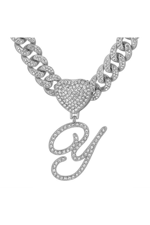 Womens Cursive Silver Initial Pendant Necklace Miami Cuban Chain Layered Heart Shaped Sparkling Diamond Ice Chain Pendant Necklace Hip Hop Jewelry Gift 2 Piece Chain