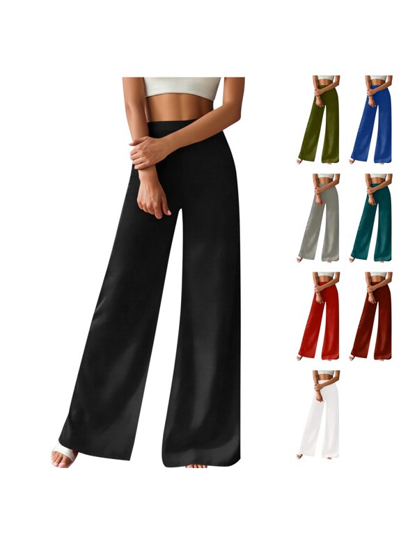 Womens Curvy Fit Flowy Palazzo Dressy Pants Going Out Drape Flat Front Elastic Waistband with Pockets for Work Office Fall Winter, Black, XL