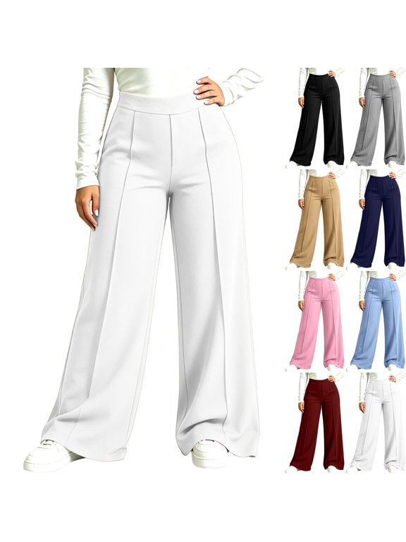 Womens Curvy Wide Leg Work Pants Pintuck Dressy High Waisted Pull On Trousers Bootcut Stretch Fall Flowy Office Business Casual Wear to Work, White, XL