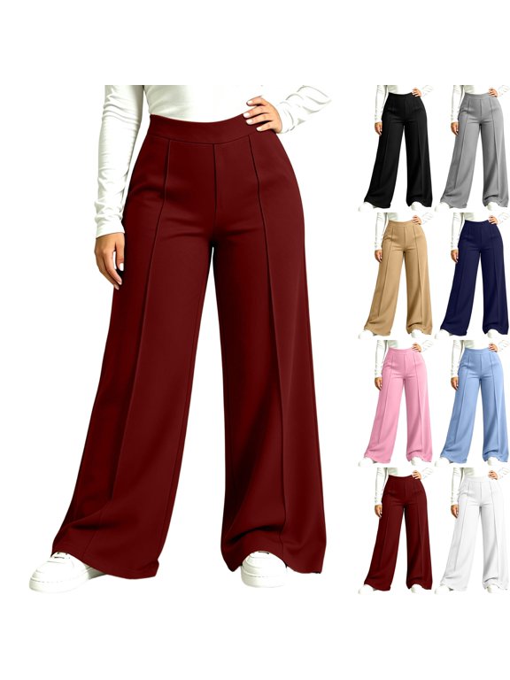 Womens Curvy Wide Leg Work Pants Pintuck Dressy High Waisted Pull On Trousers Bootcut Stretch Fall Flowy Office Business Casual Wear to Work, Wine, XXL