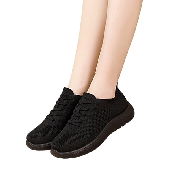 Womens Cushioned Running Shoes Breathable Mesh Lace up Thick Soft Sole Athletic Tennis Shoes Slip on Solid Color Walking Sneakers Black Size 7