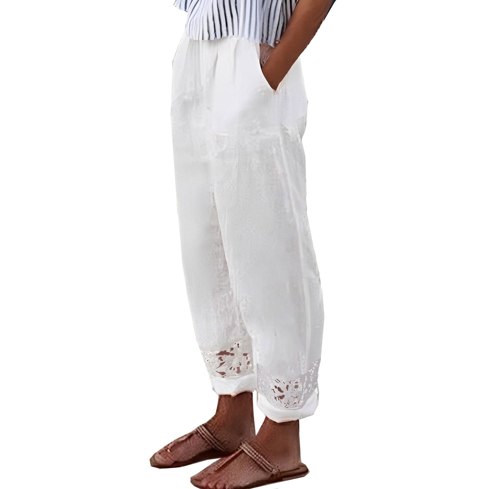 Womens Cut Out Comfy Capri Linen Pants Linen Blend Embroidered Beach