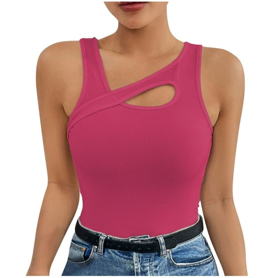 Womens Cut Out Front Asymmetrical Neck Rib Knit Sleeveless Tank Top Slim Fitted Y2K Basic Tee Shirt
