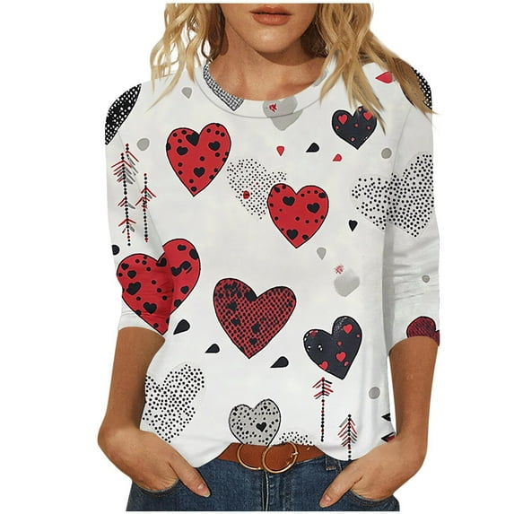 Womens Cute 3/4 Sleeve Tops Fashion 3D Rose Floral Graphic Tee Shirt for Valentine Basic Tee Blouse