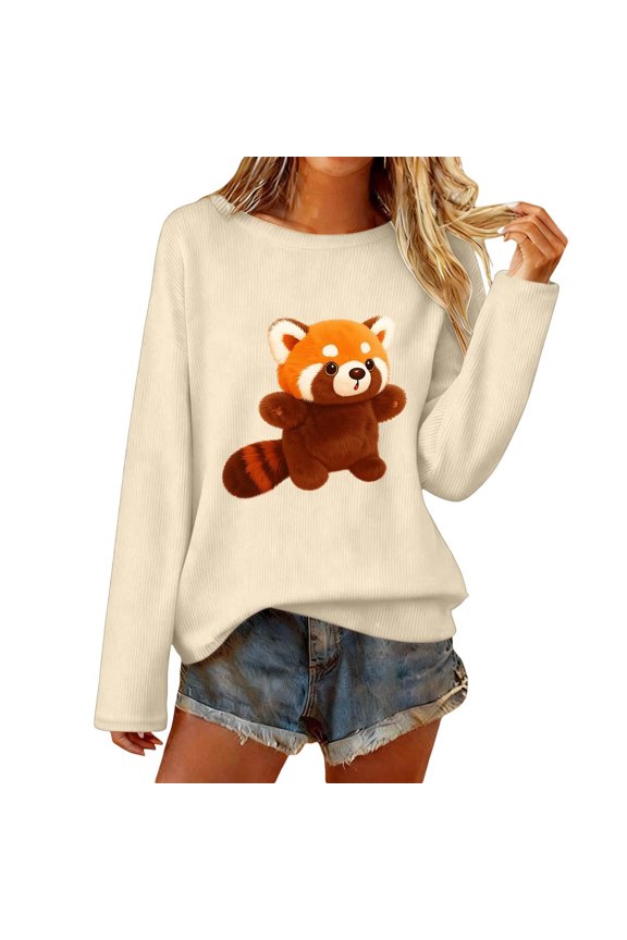 Womens Cute Animal Character Knit Sweatshirt Crew Neck Chunky Ribbed Texture Winter Lounge Pullover