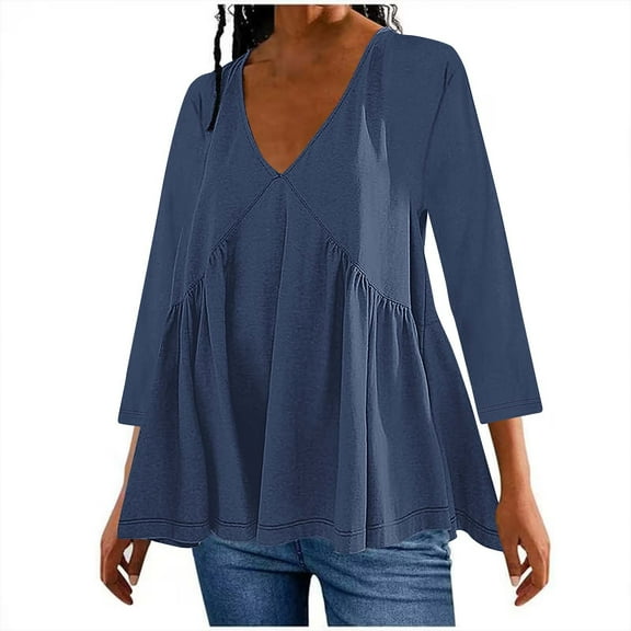 Womens Cute Babydoll Tunic Tops Trendy 3/4 Sleeve V Neck Shirts Casual Pleated Empire Waisted Hide Belly Fat Blouses