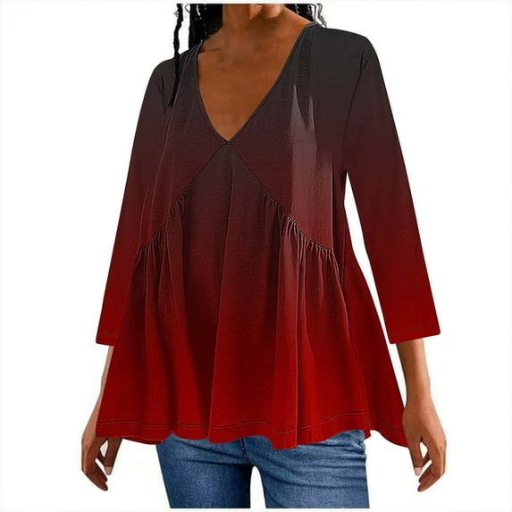 Womens Cute Babydoll Tunic Tops Trendy 3/4 Sleeve V Neck Shirts Casual Pleated Empire Waisted Hide Belly Fat Blouses