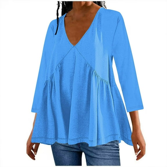 Womens Cute Babydoll Tunic Tops Trendy 3/4 Sleeve V Neck Shirts Casual Pleated Empire Waisted Hide Belly Fat Blouses