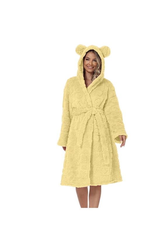 Womens Cute Bathrobes Warmth Plush Robes Bear Ears Hooded Robe Heart Knit Textured Nightgowns Casual Loose Solid Long Sleeve Sleepwear 2025 Fall Loungewear