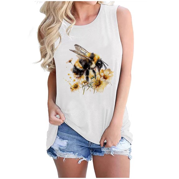 Womens Cute Bee Festival Tank Tops Summer Fashion Crewneck Sleeveless Camisole 3D Graphic Tee Shirts Funny Holiday Casual Blouses Classic Basic Camis Loose Fit Comfy Tanks Outfits