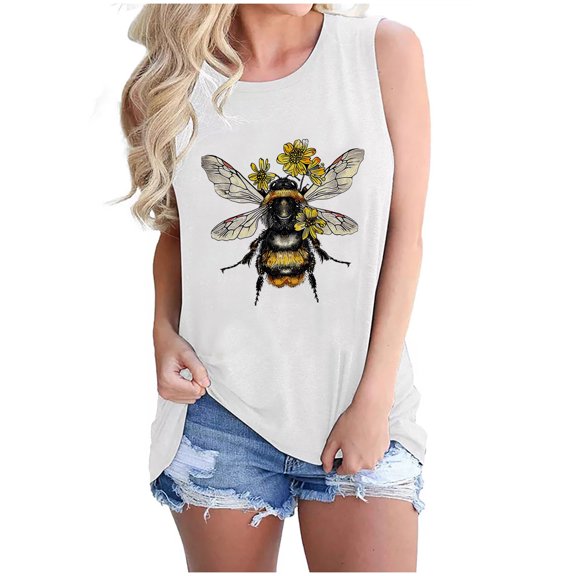 Womens Cute Bee Festival Tank Tops Summer Fashion Crewneck Sleeveless Camisole 3D Graphic Tee Shirts Funny Holiday Casual Blouses Classic Basic Camis Loose Fit Comfy Tanks Outfits