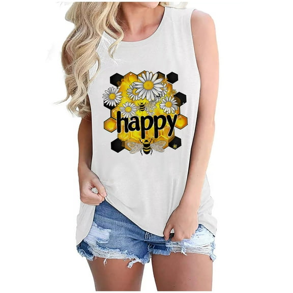 Womens Cute Bee Festival Tank Tops Summer Fashion Crewneck Sleeveless Camisole 3D Graphic Tee Shirts Funny Holiday Casual Blouses Classic Basic Camis Loose Fit Comfy Tanks Outfits