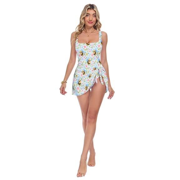 Womens Cute Bee Pattern Print 2-in-1 Swim Dress Detachable Skirt One-Piece Swimsuit Square Neck S-XXL